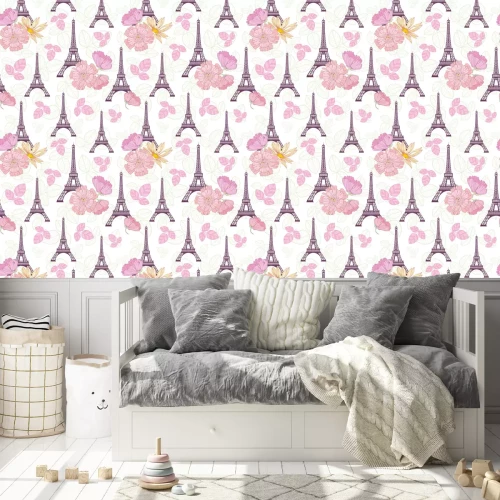 Behang Vector lente paars roze eifeltoren Parijs en rozen bloemen naadloze terugkeerpatroon omgeven door st Valentijnsdag harten van liefde. Perfect voor ansichtkaarten met reisthema, wenskaarten, bruiloft