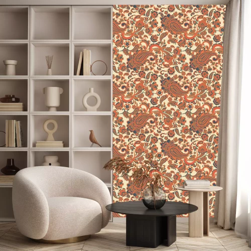 Behang Oranje oosterse bloemen en bladeren