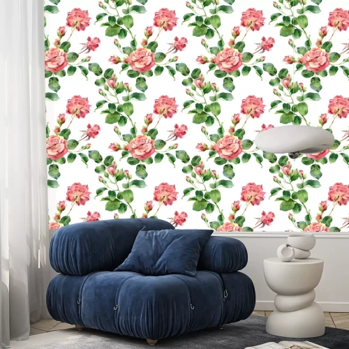 Behang Roze rozen beschilderd met aquarelafbeeldingen