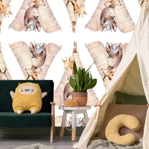 Sticker Dieren van verschillende soorten in een Indiase wigwam