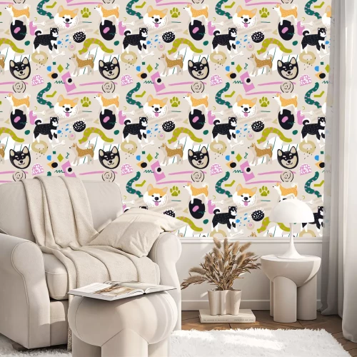 Behang Honden en verschillende gekleurde vormen