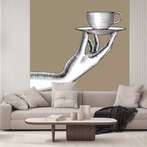 Sticker Een hand die een kopje op een schotel vasthoudt