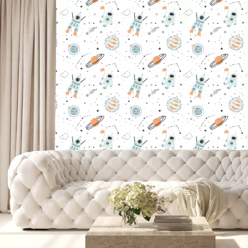 Behang Naadloos patroon met hand getrokken ruimteelementen: kosmonaut, astronaut, ruimte, raket, sterren, vallende ster, planeten. Trendy kinderen vector achtergrond op wit.