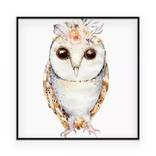 Poster Schattige uil met bloemen in boho-stijl