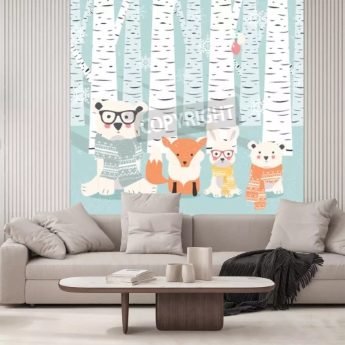 Sticker Vrolijke Kerstmisprentbriefkaar met beren, vos en konijn in bosillustratie