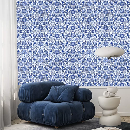 Behang Bloemen naadloos volkskunst vectorpatroon, Skandinavisch marineblauw herhaald ontwerp, Noords ornament met bloemen