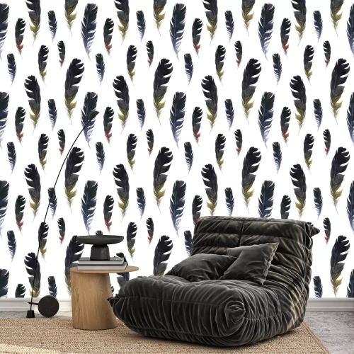 Behang Naadloos wild patroon. Achtergrond met veren op witte achtergrond. Natuurlijk aquarel patroon. Boho stijl.