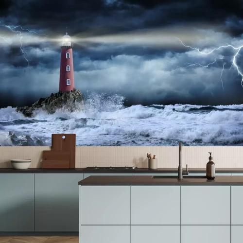 Fotobehang De vuurtoren en de stormachtige zee