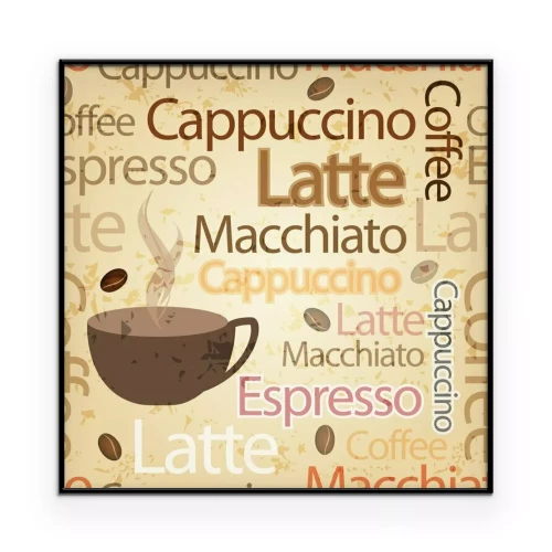 Poster Een achtergrond gevuld met typografische namen van verschillende koffiesoorten.