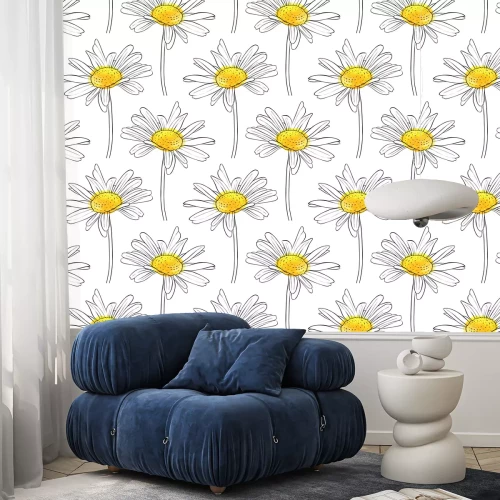 Behang Monochrome madeliefjes met geel accent