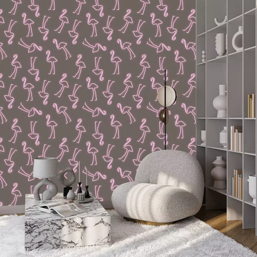 Behang Imitatie neon flamingo's op een donkere achtergrond