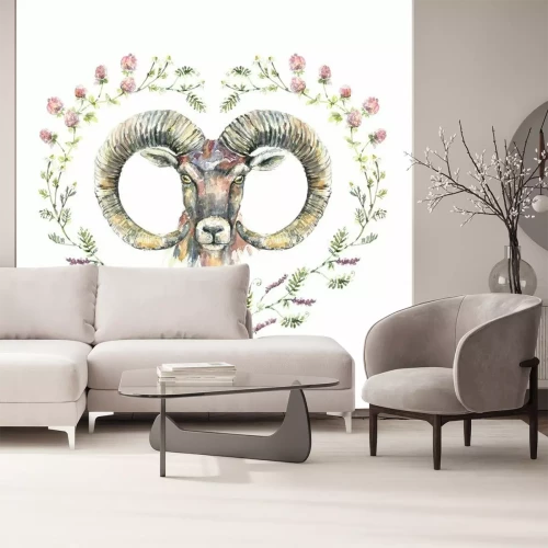 Sticker Waterverfportret van ram met een kroon van wildflowers.