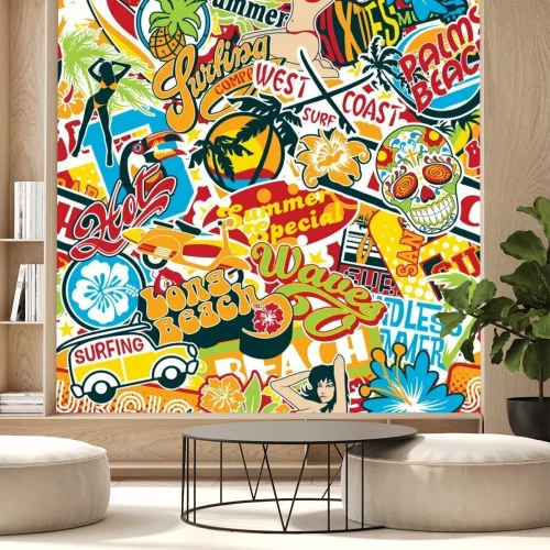 Sticker vintage zomer surfen strand stickers lappendeken vector naadloze patroon behang