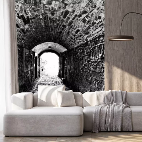 Fotobehang Zwart-witte bakstenen tunnel