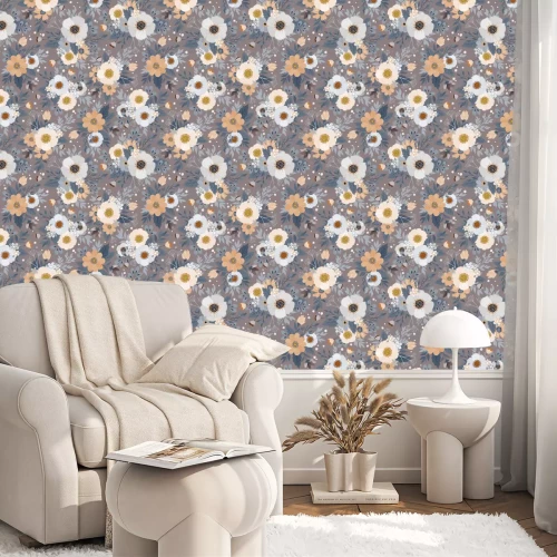 Behang Witte en beige bloemen met blauwe bladeren