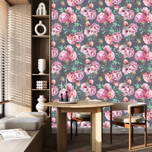 Behang Pastelkleurige pioenrozen op een ongelijksoortige grijze achtergrond