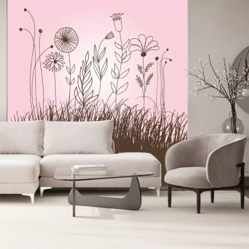 Sticker Tekening van bloemen op een roze achtergrond