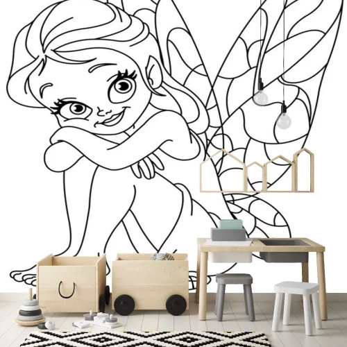 Sticker Fairy met vlindervleugels zwart-wit tekening