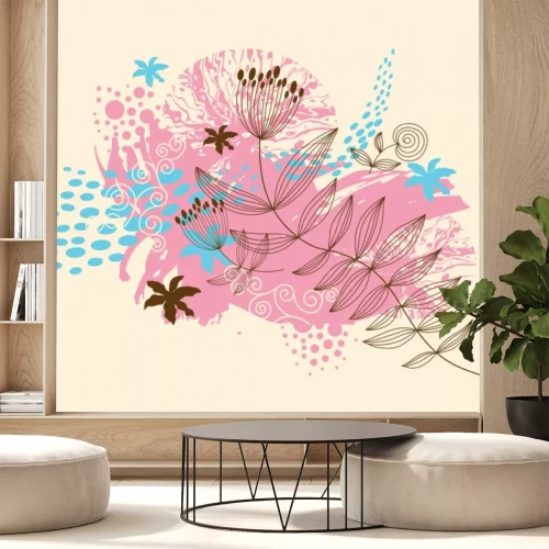 Sticker Bloemen op een roze en blauwe achtergrond