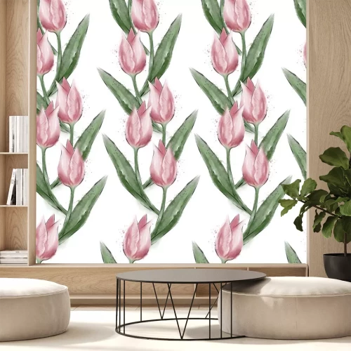 Sticker Roze aquarel tulpen op witte achtergrond