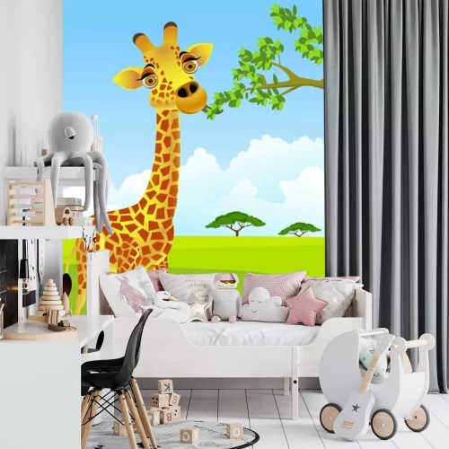 Sticker Giraffe bijt een boomtak in de savanne