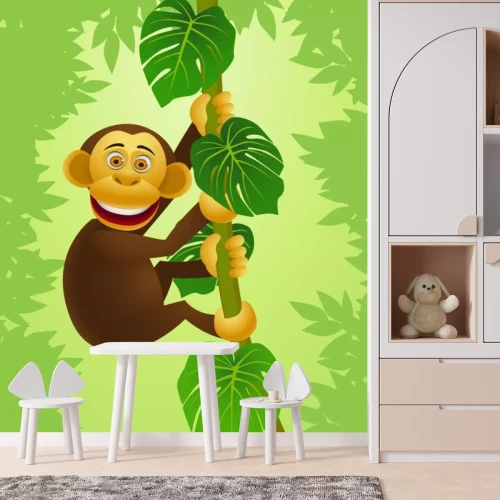 Sticker Lachende aap die zich vasthoudt aan een tak