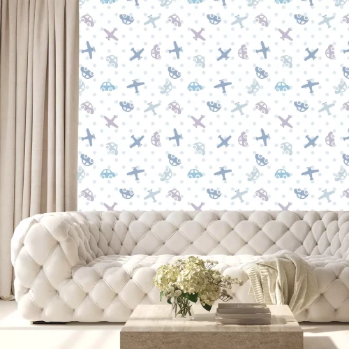 Behang vector naadloze kleur kinderen patroon auto's en vliegtuigen