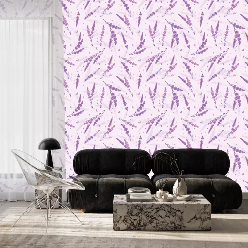 Behang Lavendel veld vector naadloze herhalingspatroon. Mooie violette lavendel retro achtergrond. Elegante stof op lichte achtergrondontwerp van het oppervlaktepatroon.