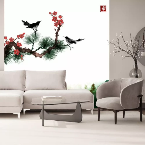 Sticker Vogeltje, denneboom en sakura takken en groene bosbomen in mist. Traditionele oosterse inkt schilderij sumi-e, u-zonde, go-hua. Bevat hiëroglief - geluk.