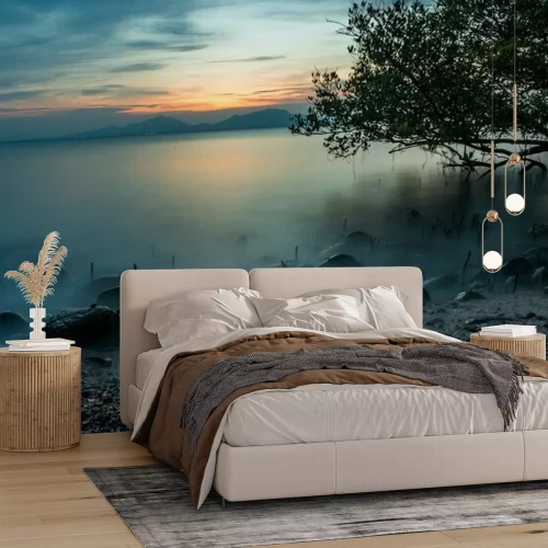 Fotobehang Zonsondergang uitzicht over de berg van mangrove