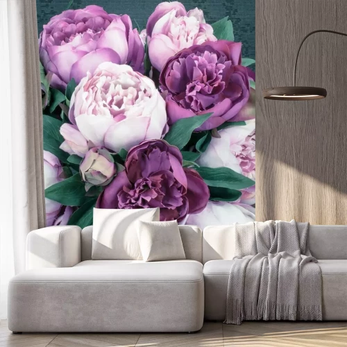 Fotobehang Een boeket weelderige paarse pioenrozen