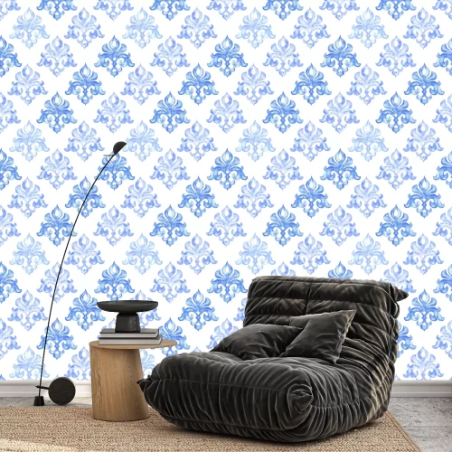 Behang Hand getekend aquarel sieraad, blauwe naadloze patroon, vintage herhalende achtergrond.