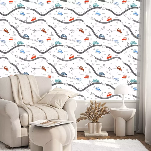 Behang Naadloos patroon met kleine auto's en verkeersteken op witte achtergrond