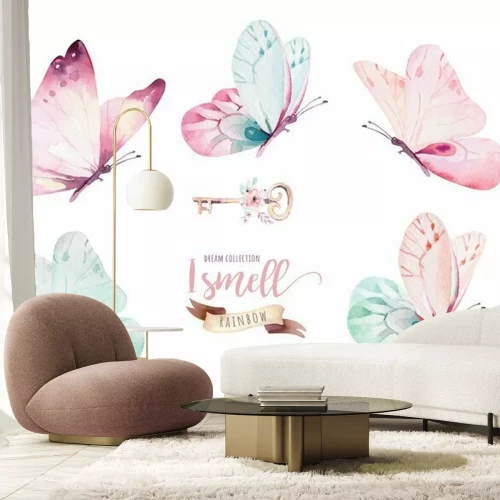 Sticker Waterverf kleurrijke die vlinders, op witte achtergrond worden geïsoleerd. blauwe, gele, roze en rode vlinderillustratie.