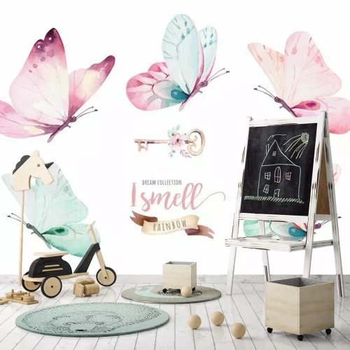 Sticker Waterverf kleurrijke die vlinders, op witte achtergrond worden geïsoleerd. blauwe, gele, roze en rode vlinderillustratie.