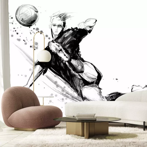 Sticker voetbalster in actie op witte achtergrond. Illustratie van de het silhouet de hand getrokken schets van het voetbal