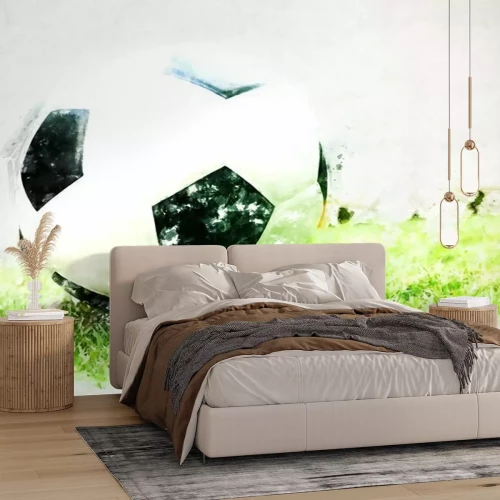 Fotobehang Abstracte voetbalbal op groene graswaterverf het schilderen achtergrond.