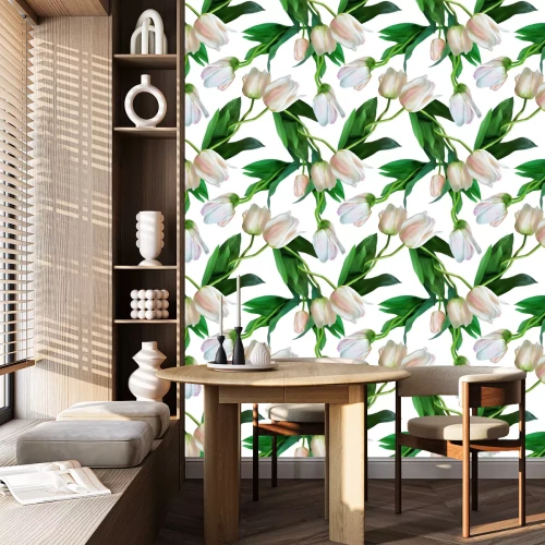 Behang Witte tulpen met groene bladeren op een witte achtergrond