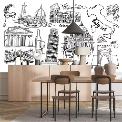 Sticker Italië landmark vector schets set. Colosseum, bruggen Venetië, toren Pisa, Vaticaan, Rimini, Boog Augustus, Santa Maria del Fiore, Florence