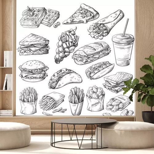 Sticker Reeks met snel voedselproducten op witte achtergrond