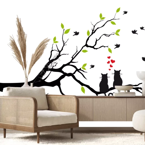 Sticker katten in liefde op boomtak, vector