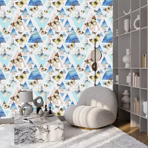 Behang Vlinders en geometrische kleurrijke achtergrond