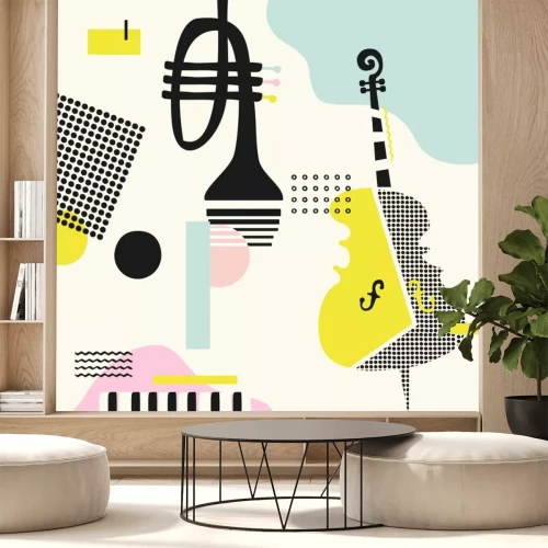 Sticker Muziek kleurrijke achtergrond met violoncel, trompet en piano geïsoleerde vectorillustratie. Geometrische muziekfestivalaffiche, creatief muziekinstrumentenontwerp