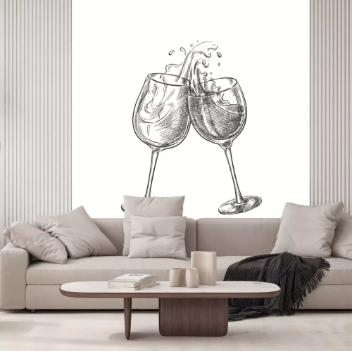 Sticker Twee wijnglazen met plonsdranken, schets vectorillustratie. Hand getrokken label ontwerpelementen