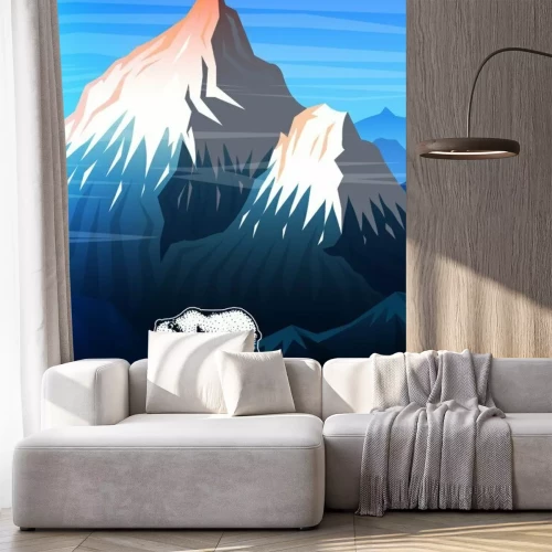 Sticker Mountains Peaks-kaart of -brochure. Toerisme op de natuur. Landschap vroeg in een daglicht. Buitengewone heuveltoppen. Vintage poster of achtergrond. sjabloon voor flyer, boekomslag en badge.