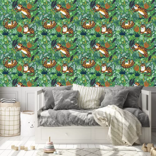 Behang Tropisch naadloos patroon met grappige tijgers in beeldverhaalstijl. Vector illustratie