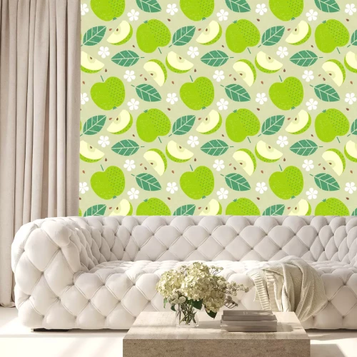 Behang Groen appelfruit en bladeren