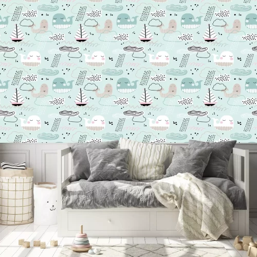 Behang Kinderachtig naadloos patroon met walvis, boot, wolken en golven. Scandinavische stijl. Zomer jachthaven achtergrond. Perfect voor stof, textiel. Vector achtergrond. Pastelkleuren