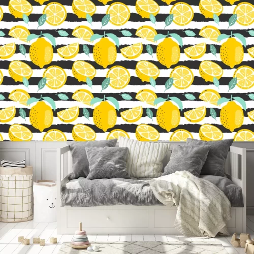 Behang Citroenfruit op een zwart-wit gestreepte achtergrond