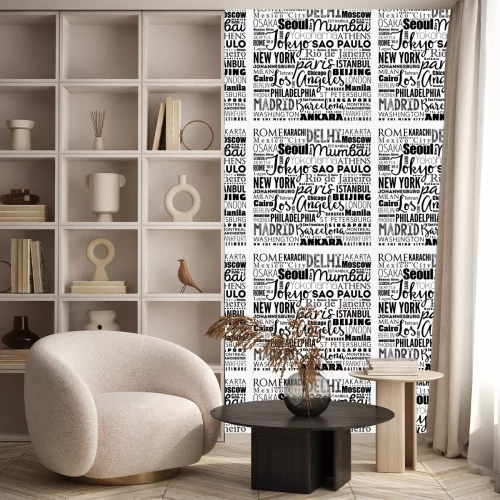 Behang De grootste steden in de wereld word cloud collage, reisbestemmingen concept achtergrond